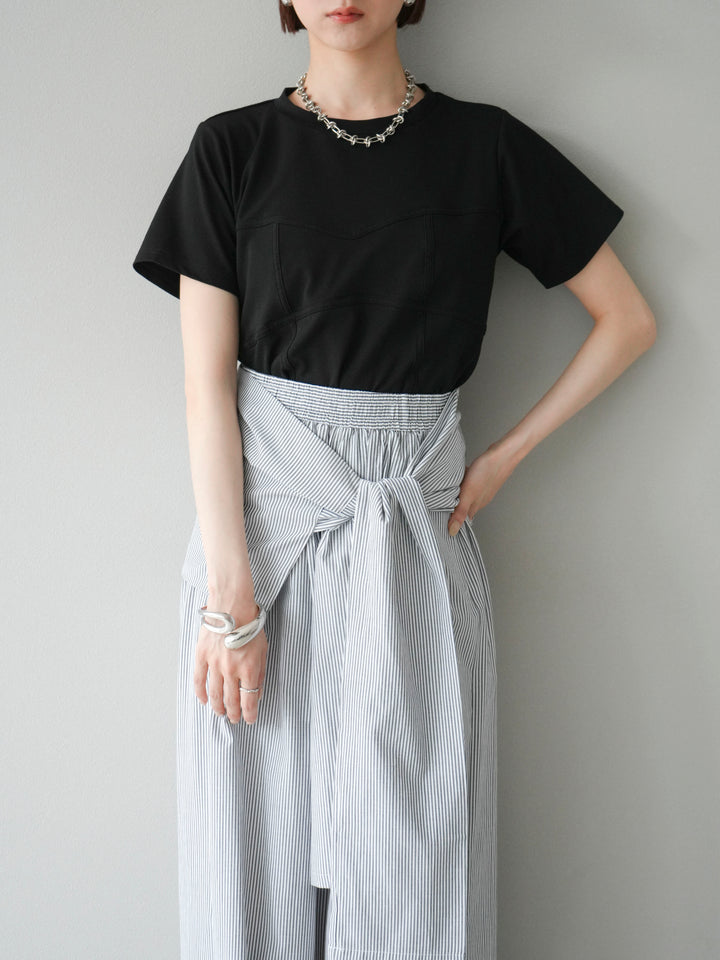 [SET]ビスチェデザインTシャツ+ウエスト巻きストライプイージーパンツ(2set)