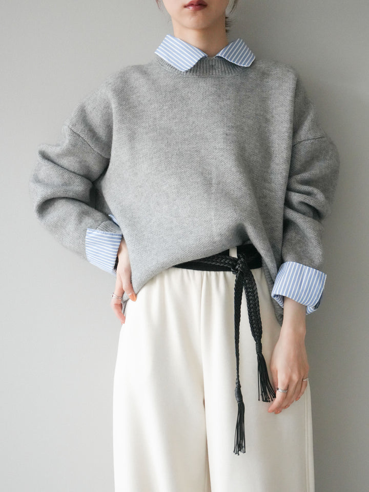 [SET]2WAYストライプ襟ニットプルオーバー+編み込みベルト付きウエスト配色スエットパンツ(2set)