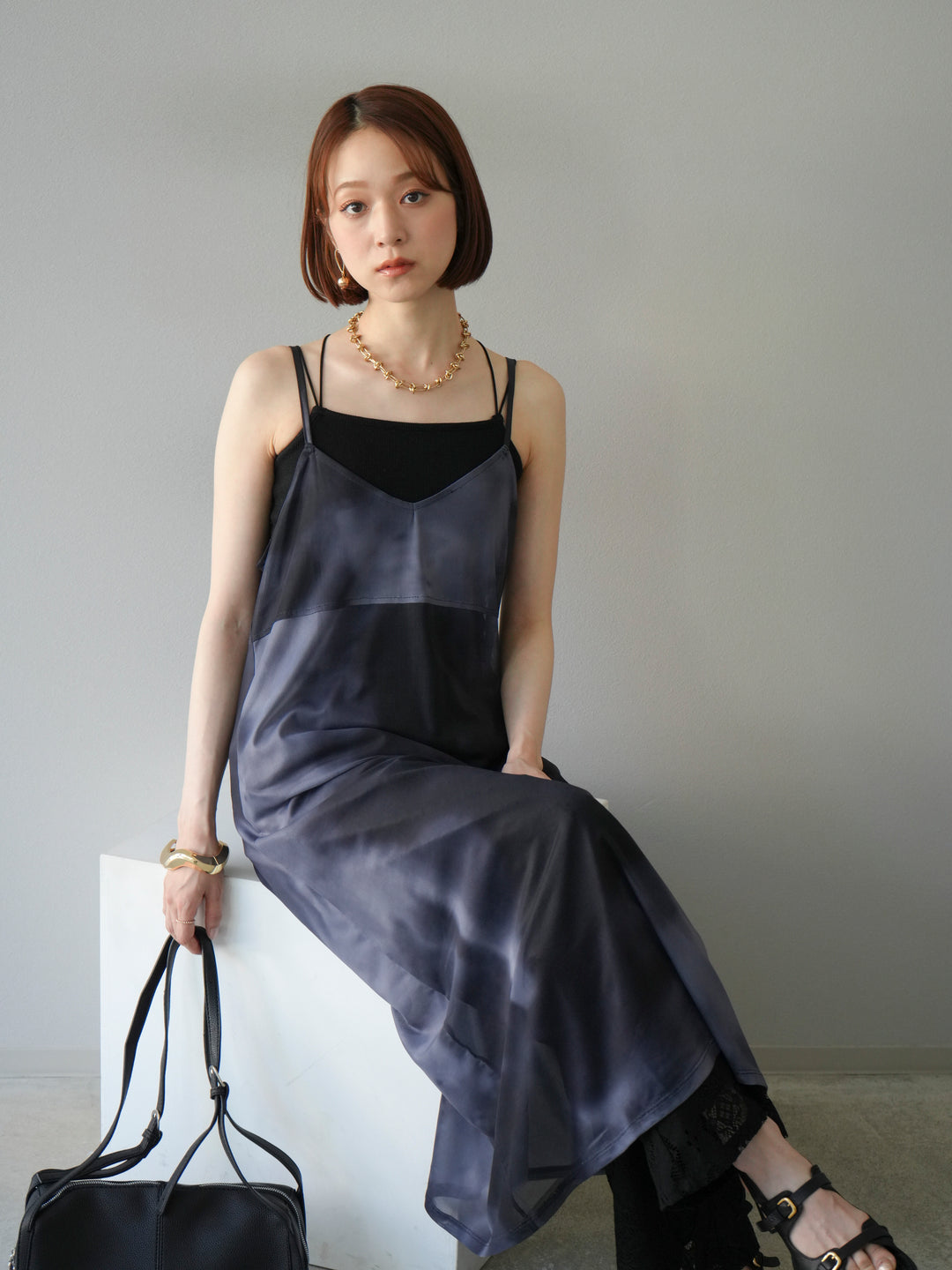 [予約タイダイ柄シアーキャミワンピース/モノトーン