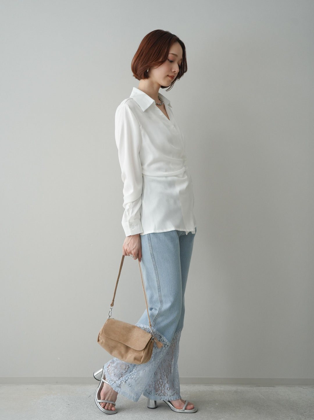 [予約]レース切替フレアデニムパンツ/bleach