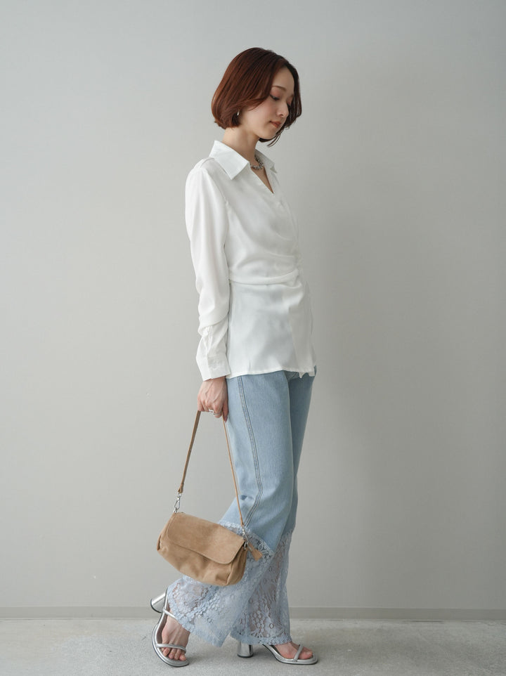 [予約]レース切替フレアデニムパンツ/bleach