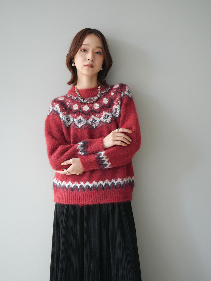 [SET]ソフトタッチ求心柄ニットプルオーバー+裾レーススウェードプリーツマキシスカート(2set)