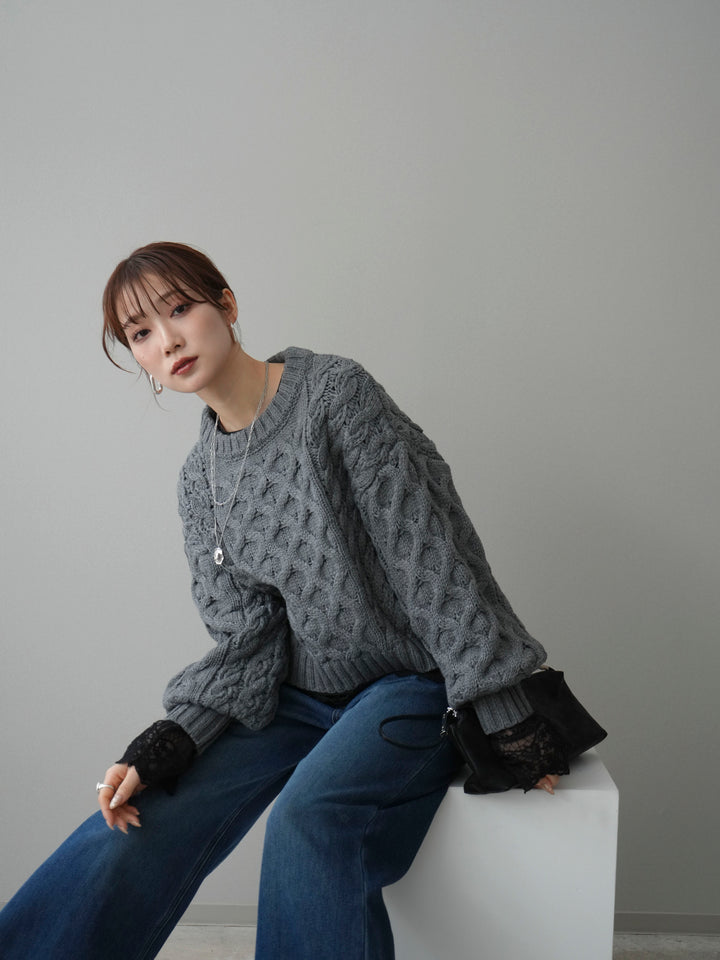 【着回しセット】[SET]バルキーケーブルクロップドニットプルオーバー+アンゴラタッチクルーネックニットプルオーバー+チュールレーストップス(3set)