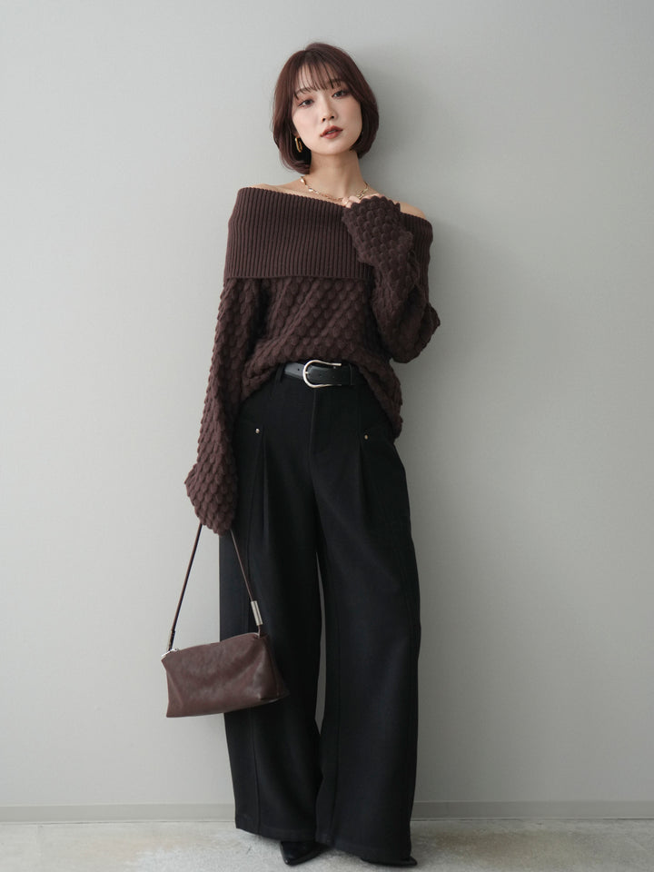 [SET]ポコポコ編みオフショルニットプルオーバー+ベルト付起毛コクーンパンツ(2set)