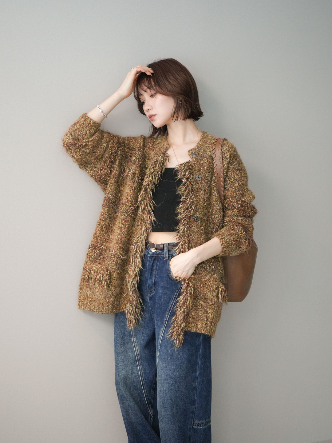 [SET]ミックスヤーンフリンジデザインニットジャケット+裏起毛加工デニムカーブパンツ(2set)