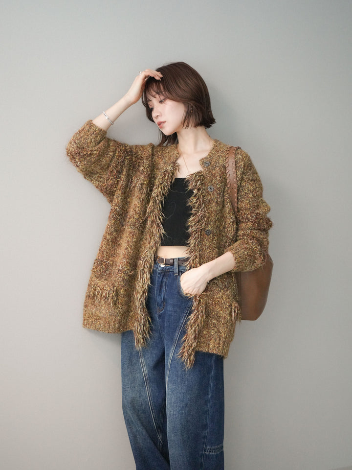 [SET]ミックスヤーンフリンジデザインニットジャケット+裏起毛加工デニムカーブパンツ(2set)