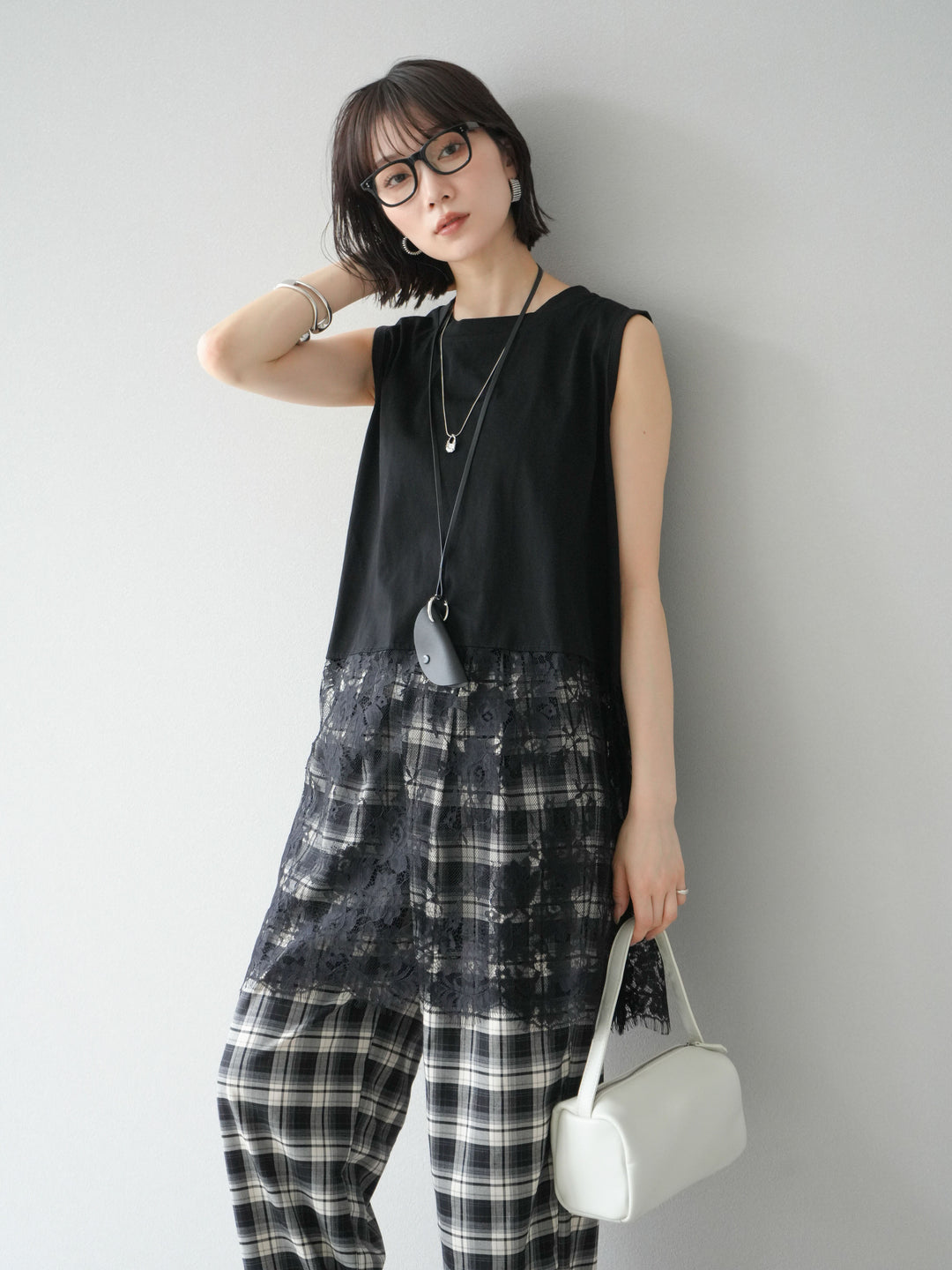 [予約]レース切替ノースリトップス/ブラック