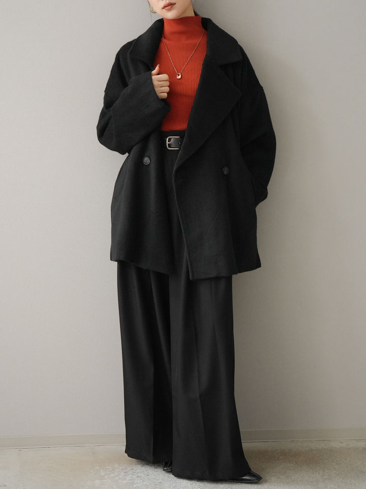 [SET]フェイクビーバーミドルコート+袖ボタンハイネックリブニットトップス+ベルト付ウールタッチワイドパンツL(3set)