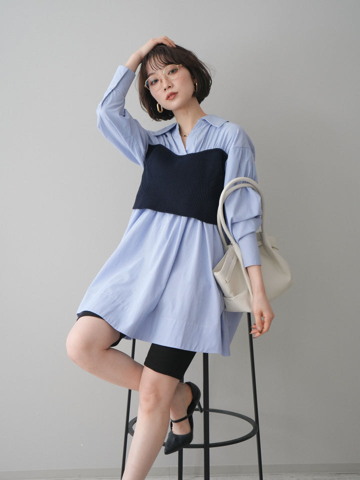 [予約]ニットビスチェドッキングフレアシャツチュニック/stripe