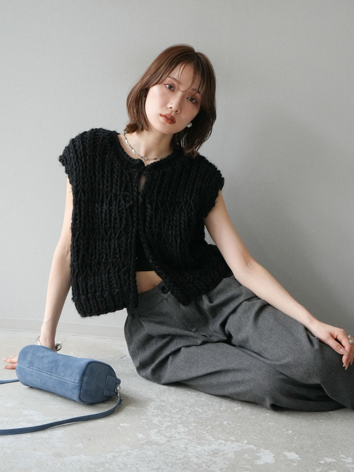 [SET] 手編繩結背心+粗花呢觸感褶皺寬褲（2件組）