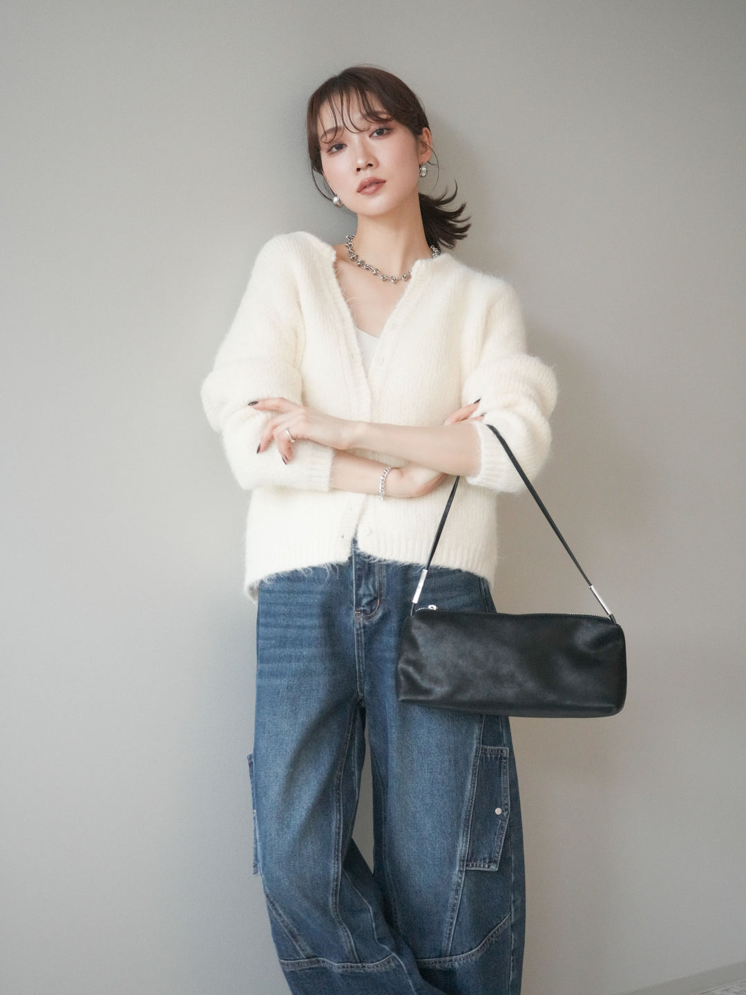 [SET]キーネックシャギーニットカーディガン+カーゴデザインコクーンデニムパンツ(2set)