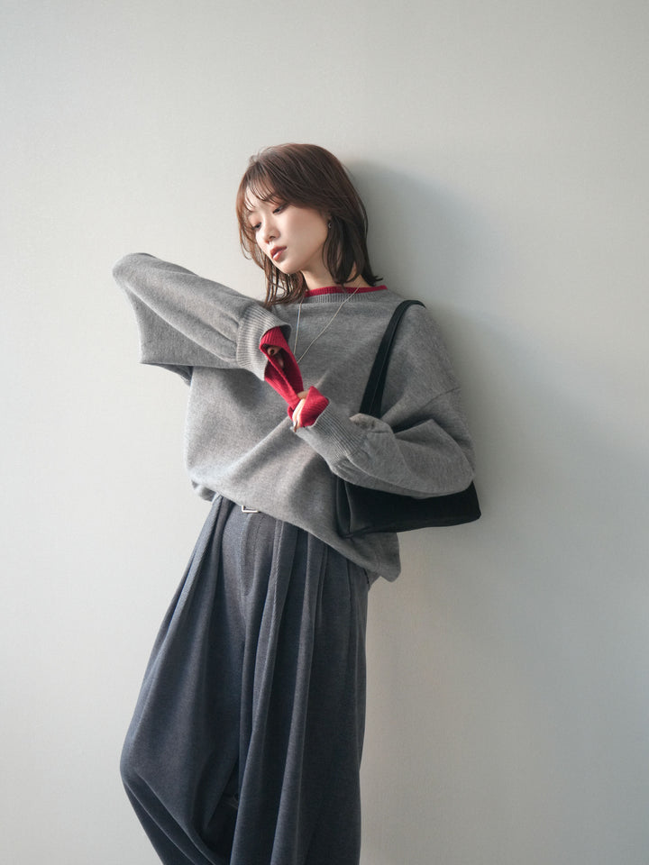 [予約]ヘンリーネック配色レイヤードニットプルオーバー/middlegray