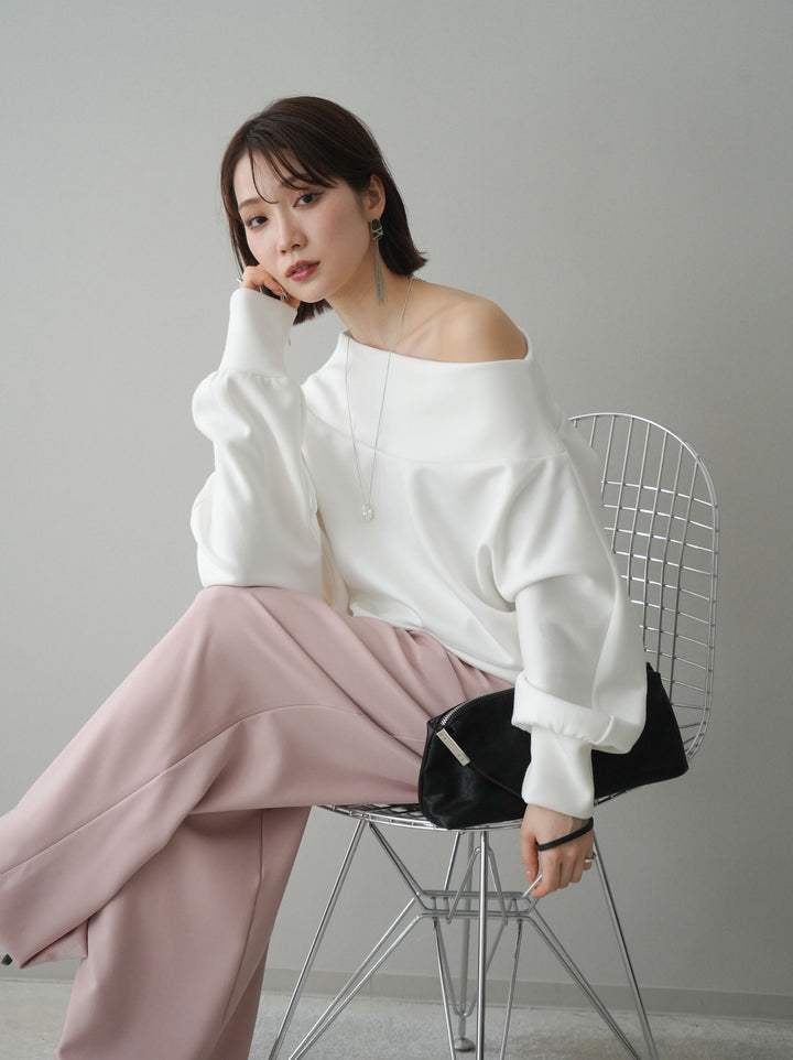 [SET]アシンメトリーオフショルポンチプルオーバー+ベルト付キーホルダーモチーフワイドパンツ(2set)