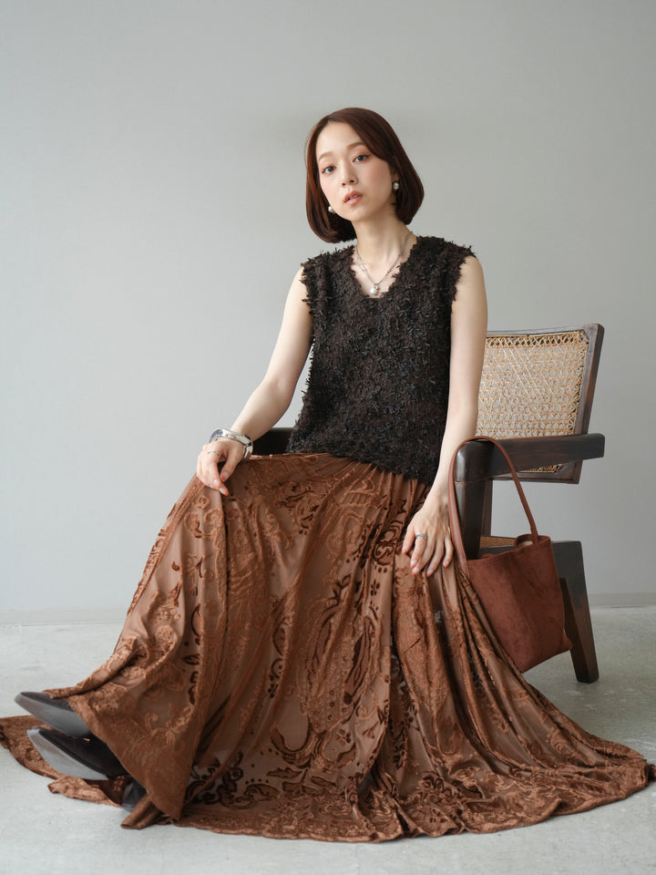 [SET]テープヤーンフリンジニットベスト+アンティーク柄フロッキーマキシスカート(2set)