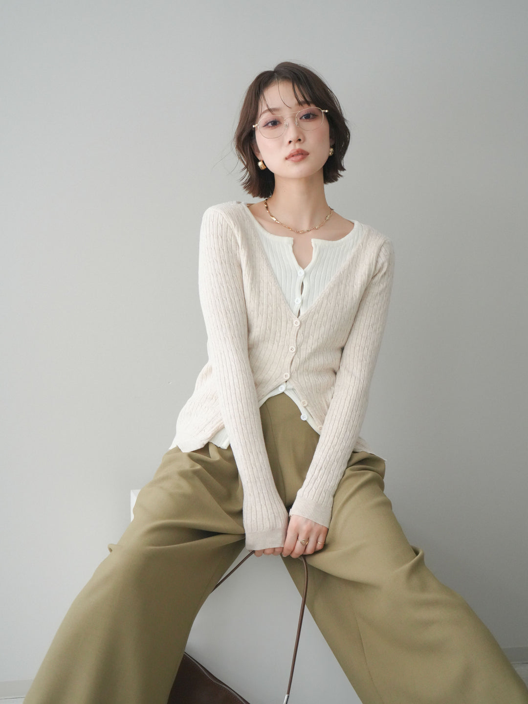 [予約]バイカラーレイヤードニットカーディガン/white