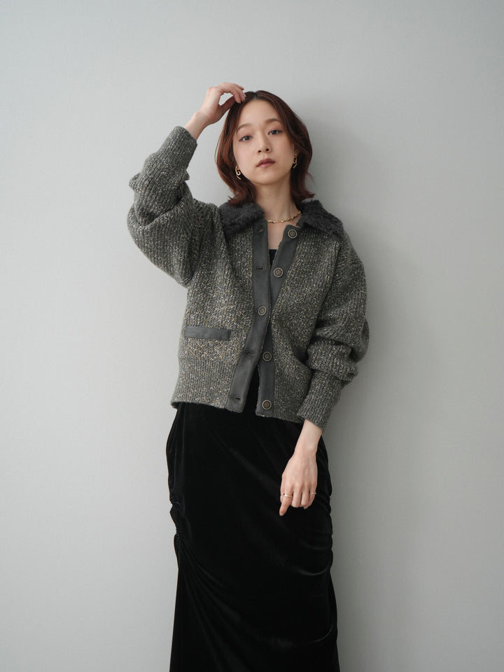 [SET]襟ボアミックスヤーンニットカーディガン+ギャザーベロアスカート(2set)