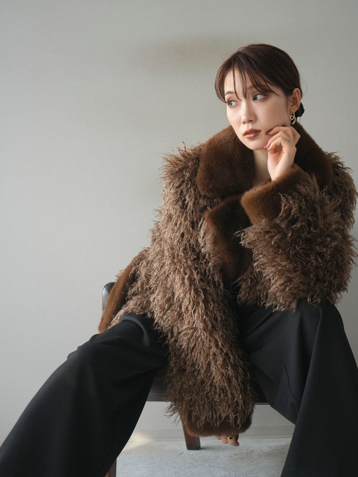 [予約]異素材ファー×ムートンコート/brown