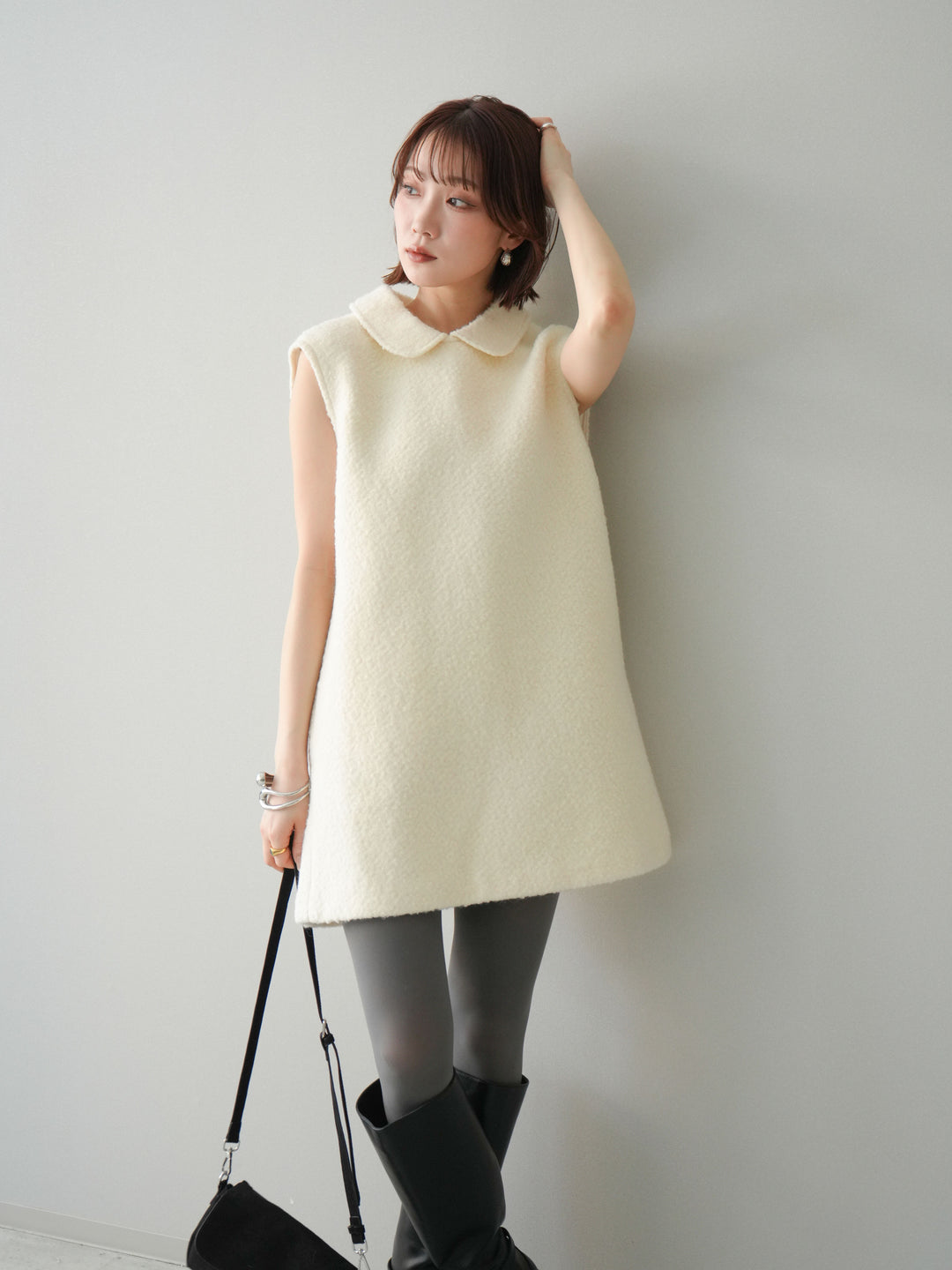 [予約]襟付きブークレミニワンピース/offwhite