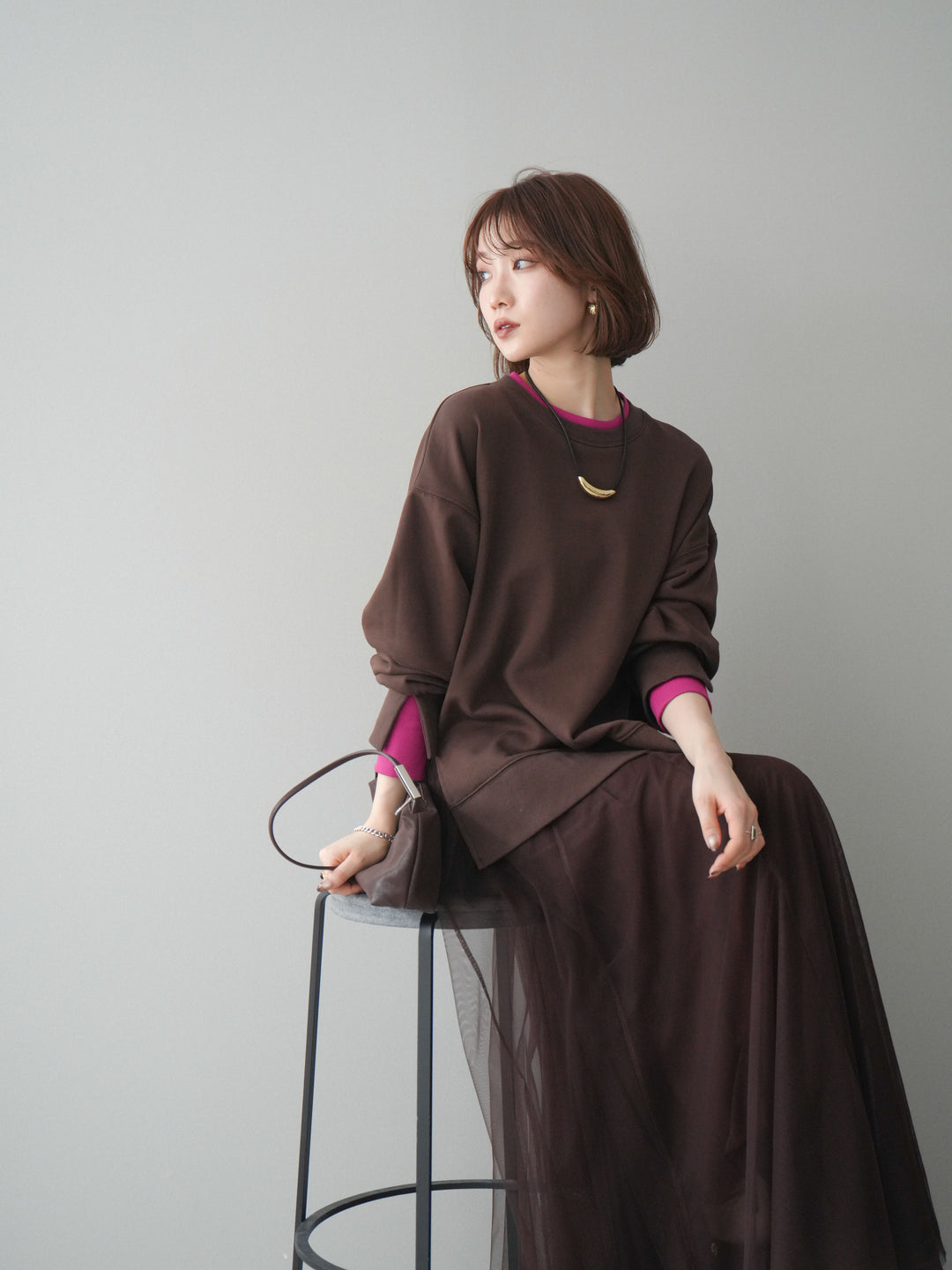 [SET]配色レイヤードデザインスエットプルオーバー+チュールボリュームスカート(2set)