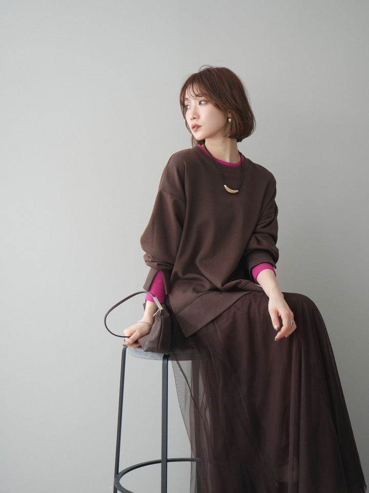 [SET]配色レイヤードデザインスエットプルオーバー+チュールボリュームスカート(2set)