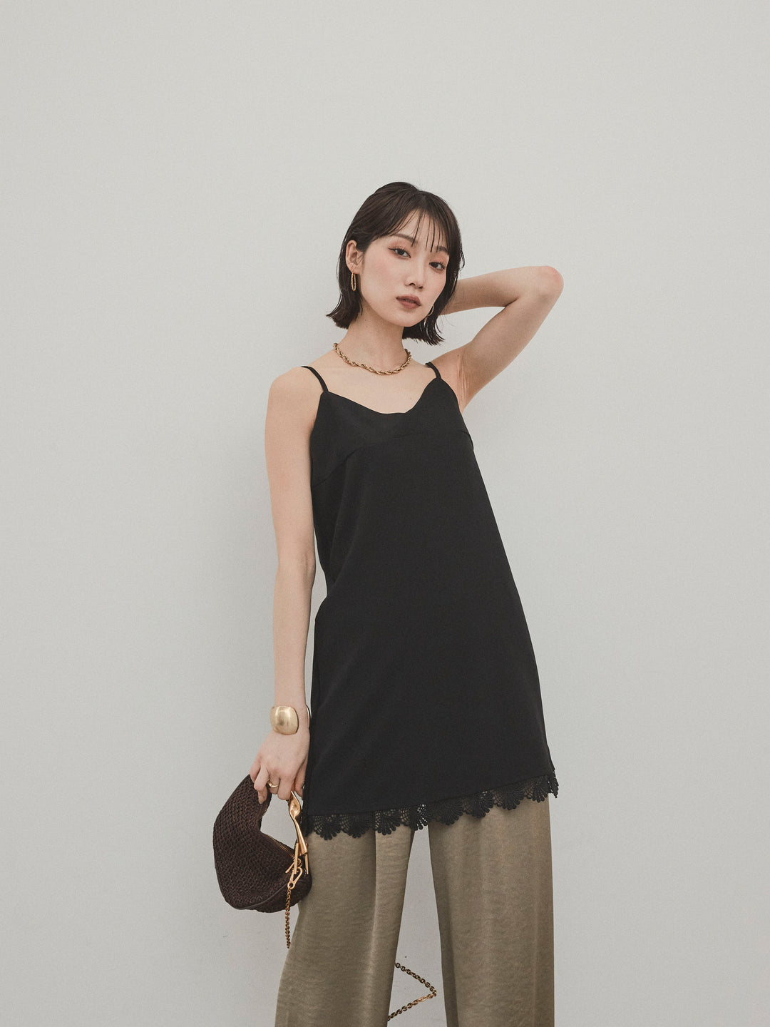 [予約]裾レース切替キャミミニワンピース/ブラック