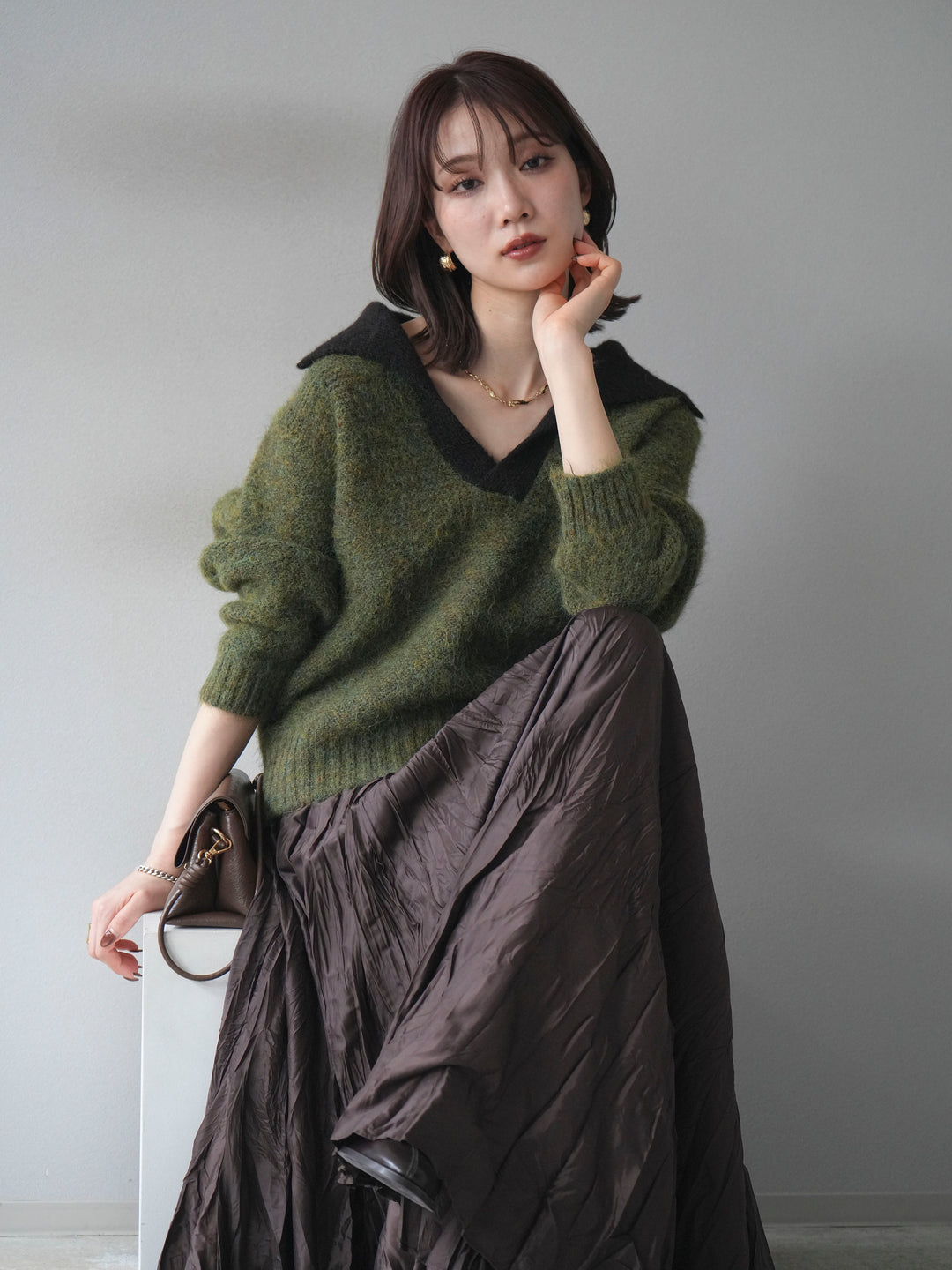 [予約]バイカラー襟付きニットプルオーバー/green