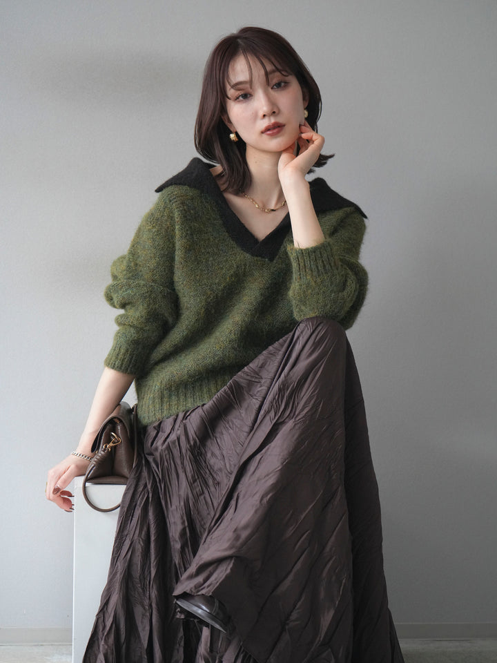 [予約]バイカラー襟付きニットプルオーバー/green