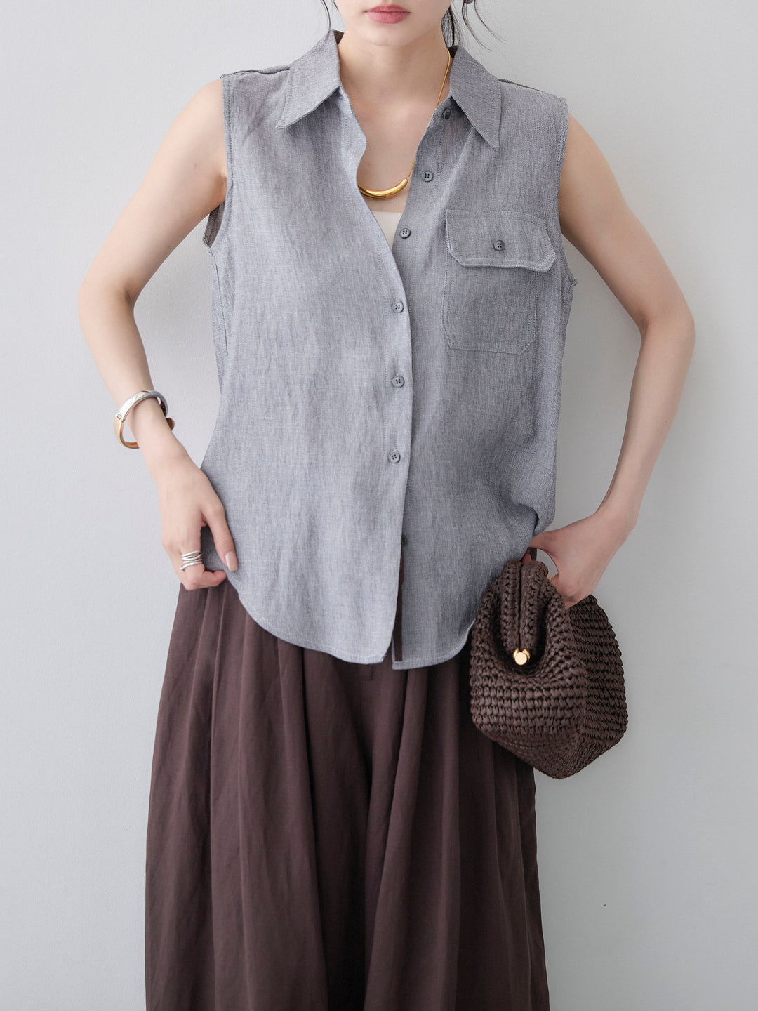 [SET]リネンライクシングルポケットノースリシャツ+フロントボタンタックワイドパンツ(2set)