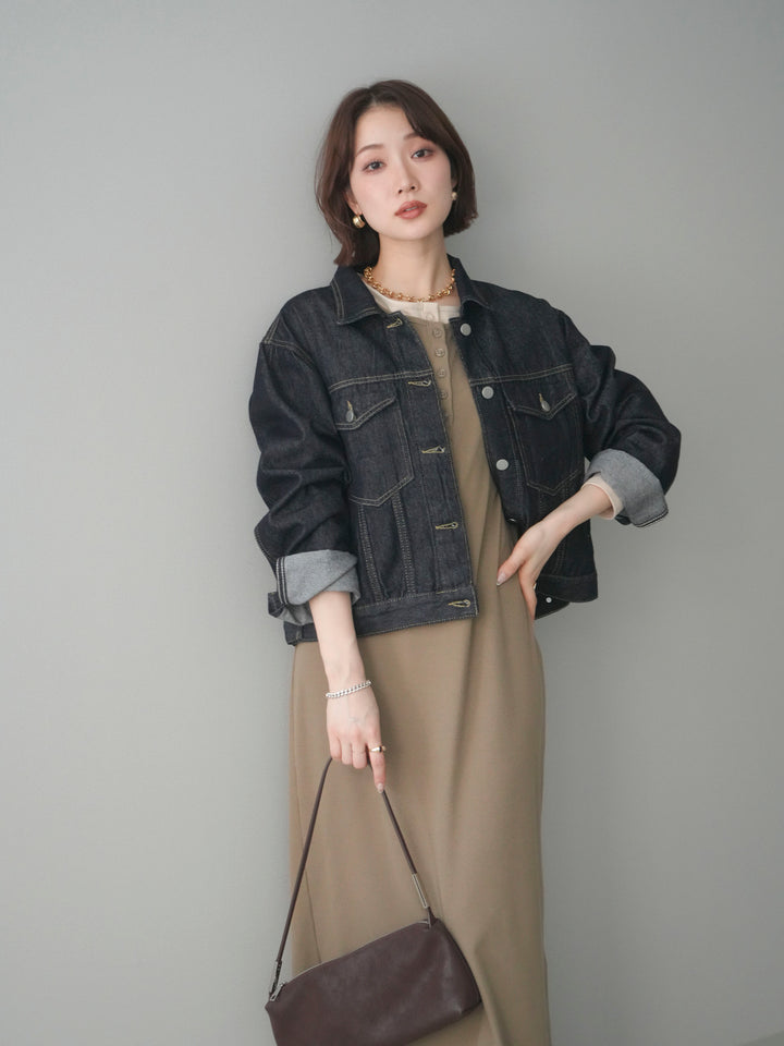 [予約]配色レイヤードヘンリーネックカットリブワンピース/mocha