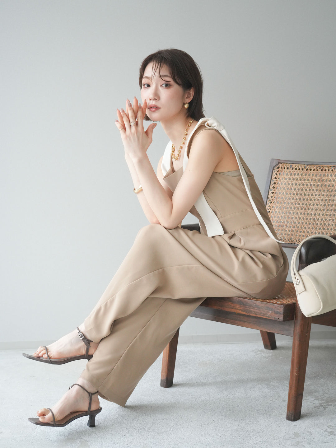 [予約]ショルダーリボンサロペット/beige