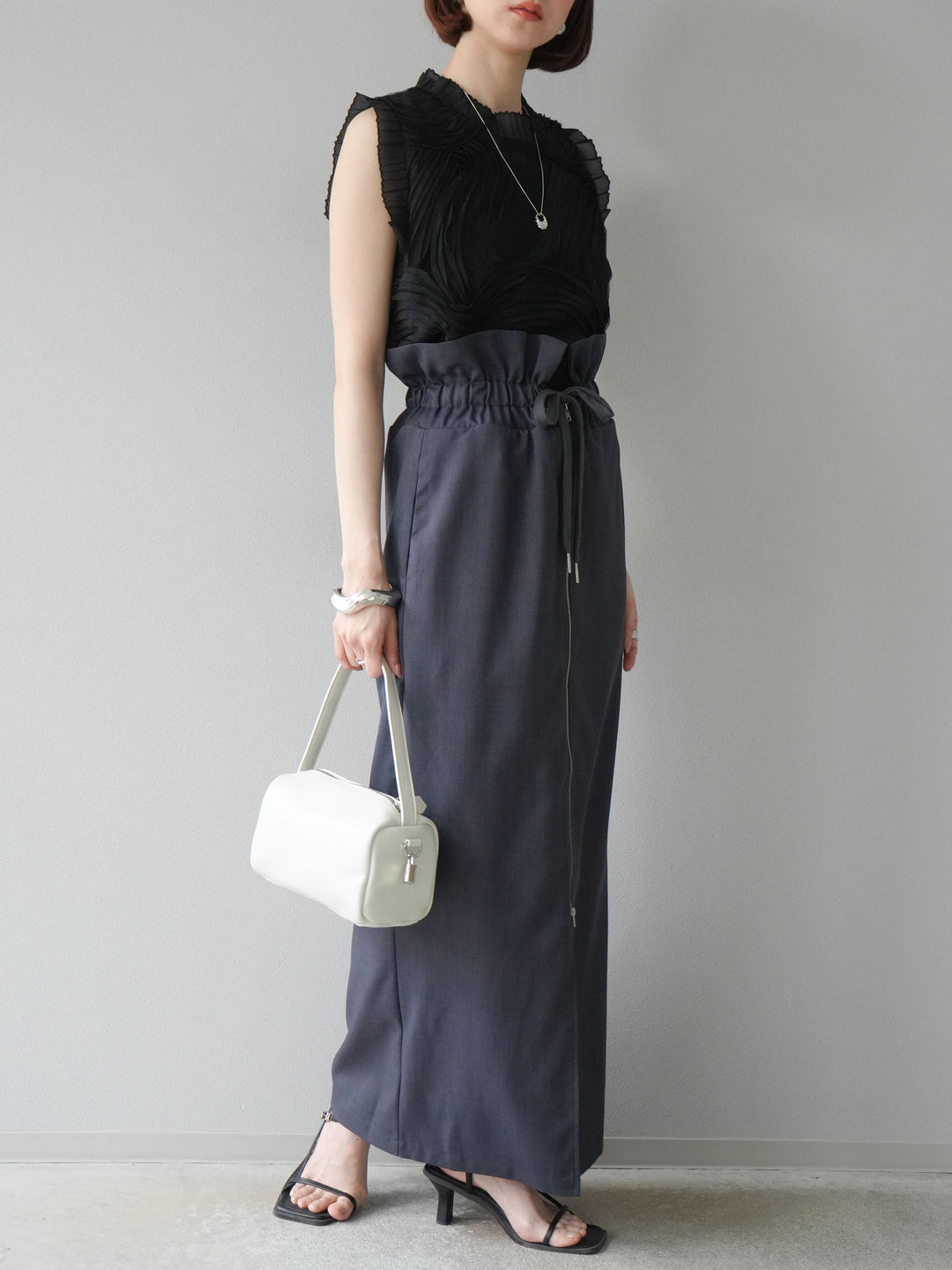 [SET]チュールジャガードノースリブラウス+ヘザーエステルギャザージップスカート(2set)