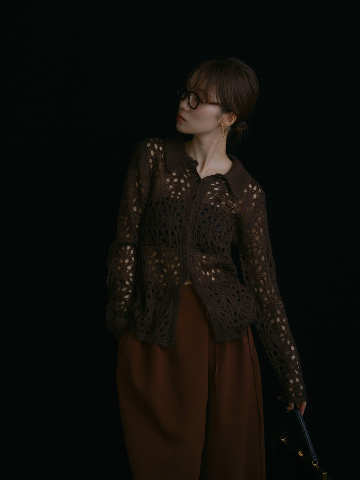 [予約]ローゲージ透かし編みポロニッカーディガン/ブラウン
