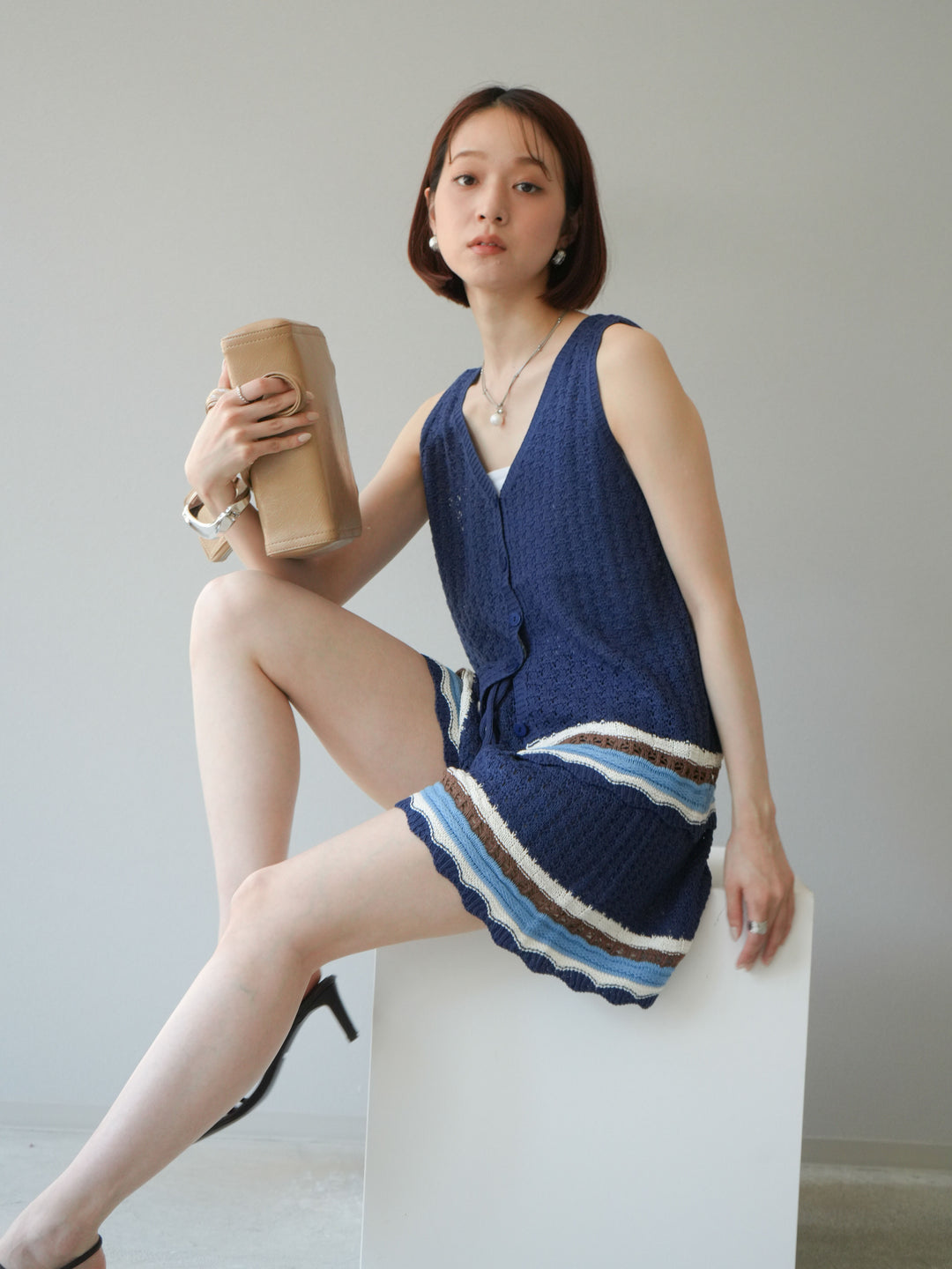 [SET]裾マルチボーダーニットベスト＆ショートパンツ SET UP(2set)