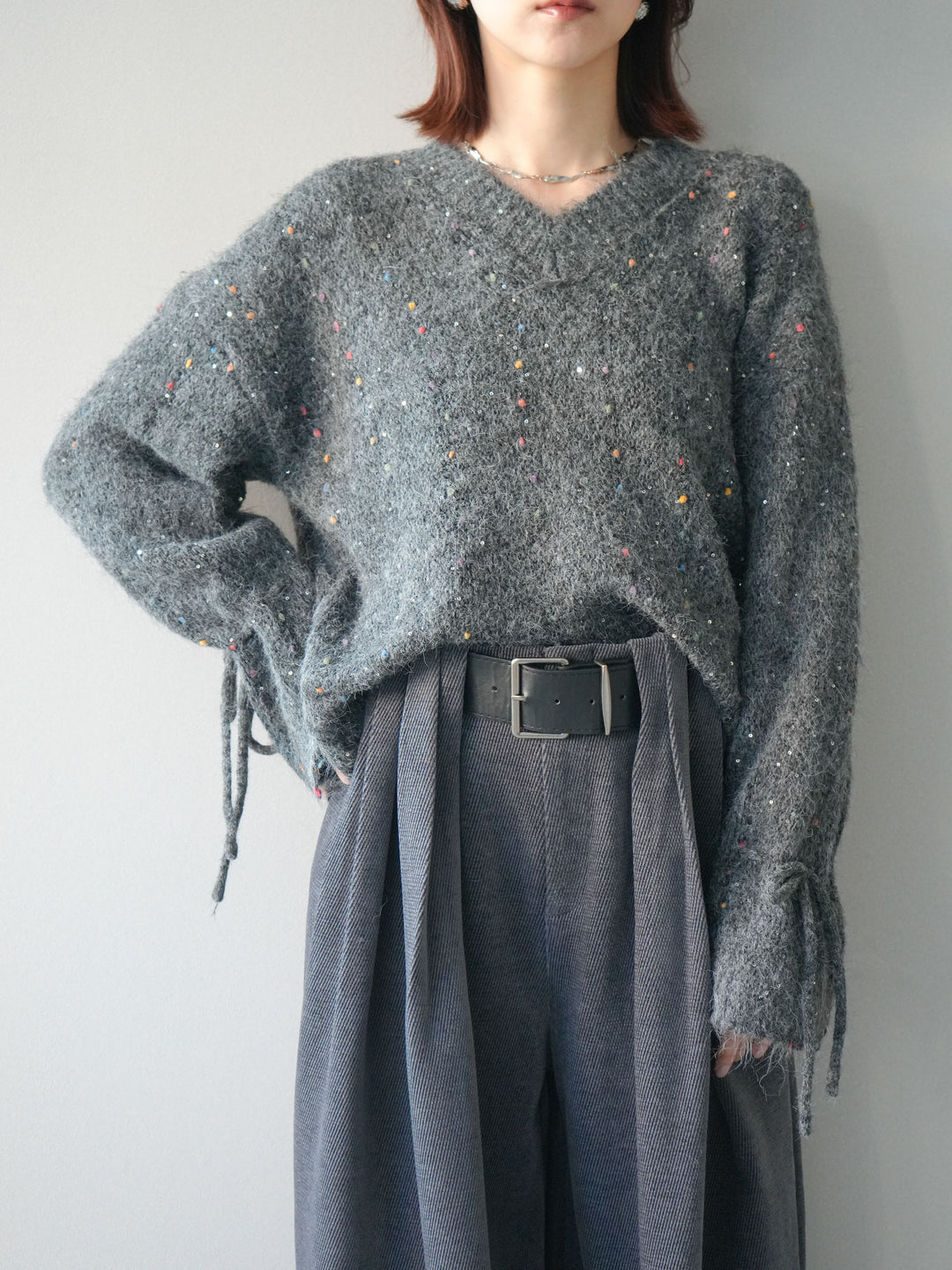 [SET]キャンディースリーブカラーネップスパンコールニットプルオーバー+ベルトデザインループコールテンワイドパンツ(ベルト付き)(2set)