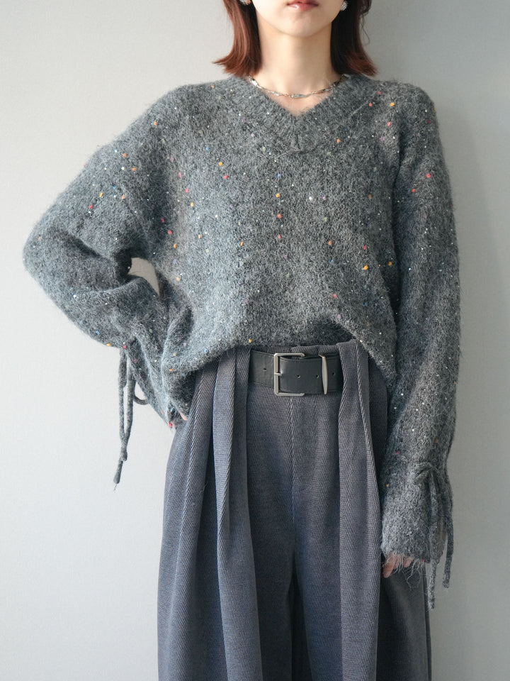 [SET]キャンディースリーブカラーネップスパンコールニットプルオーバー+ベルトデザインループコールテンワイドパンツ(ベルト付き)(2set)