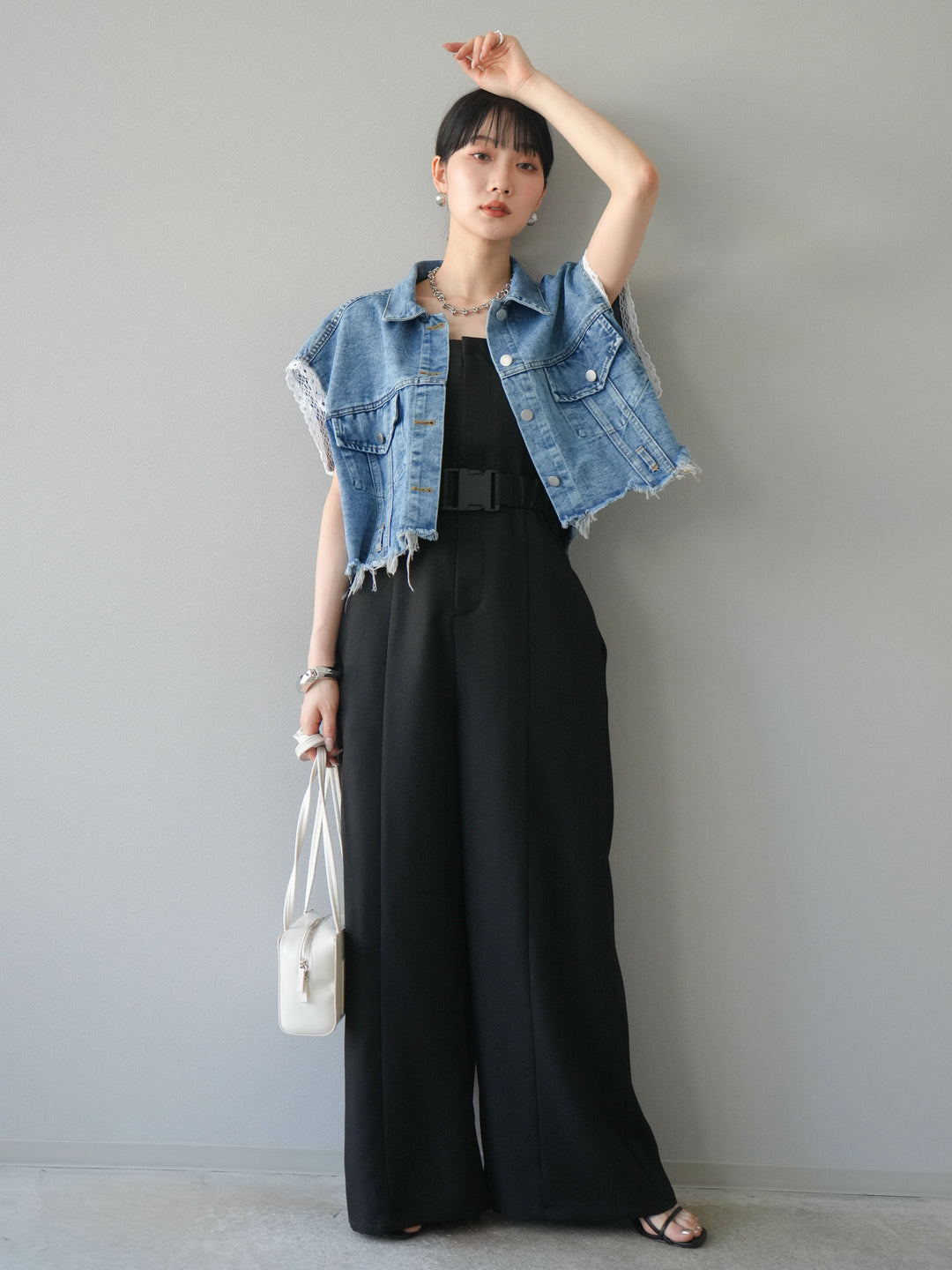 【預購】混色斜紋腰帶熊圖案工裝褲/黑色