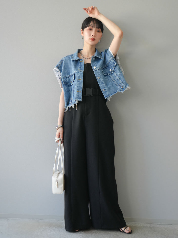 【預購】混色斜紋腰帶熊圖案工裝褲/黑色