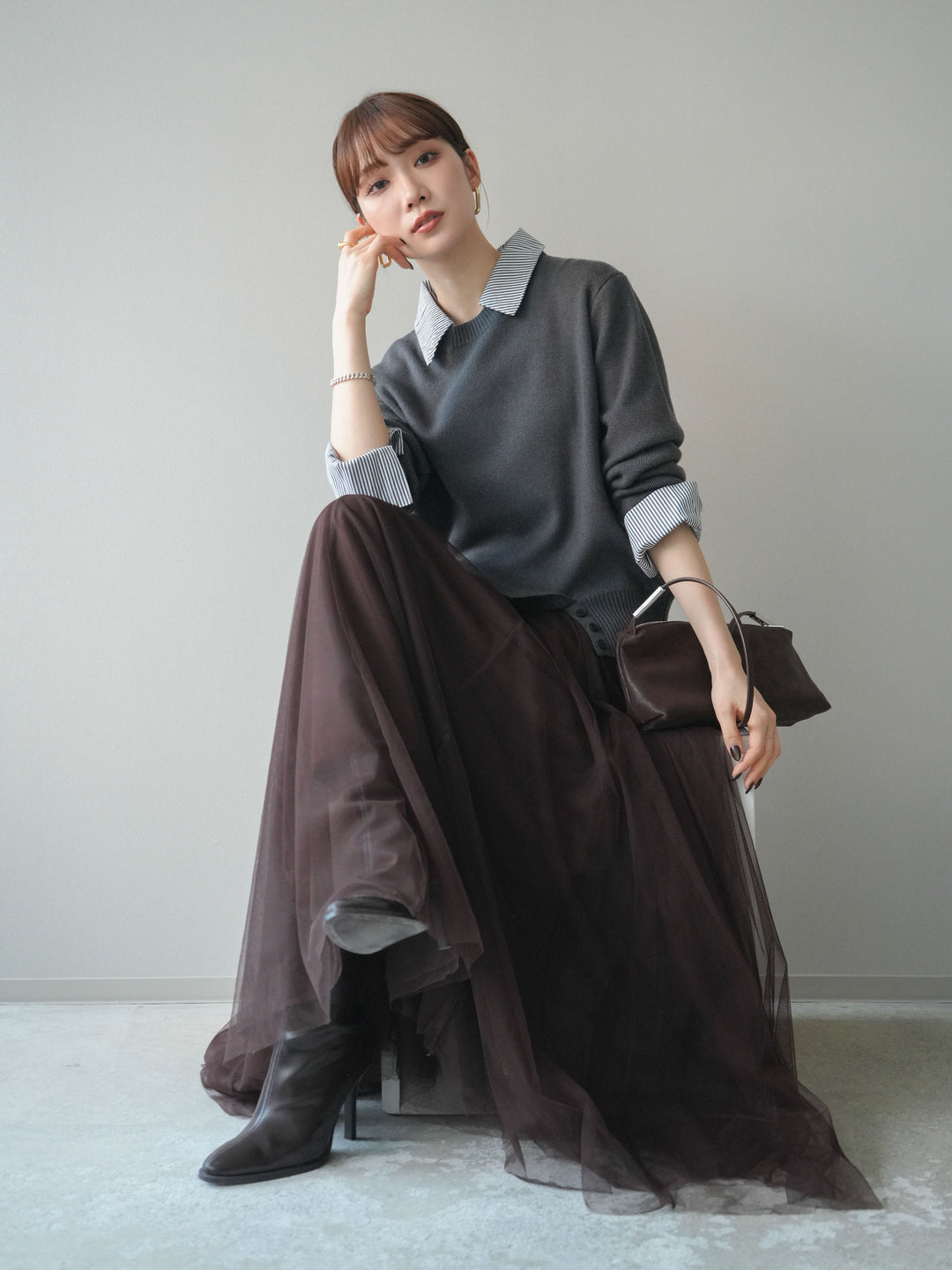 [予約]シャツドッキングデザイン裾ボタンニットプルオーバー/gray