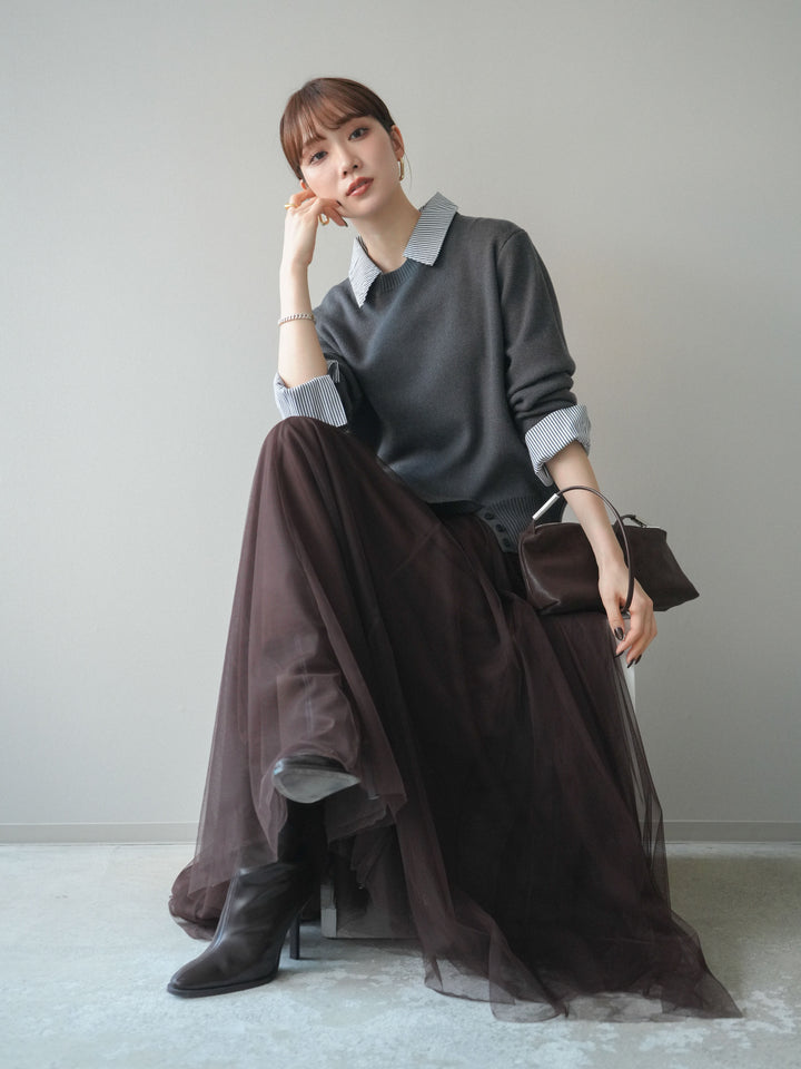 [予約]シャツドッキングデザイン裾ボタンニットプルオーバー/gray