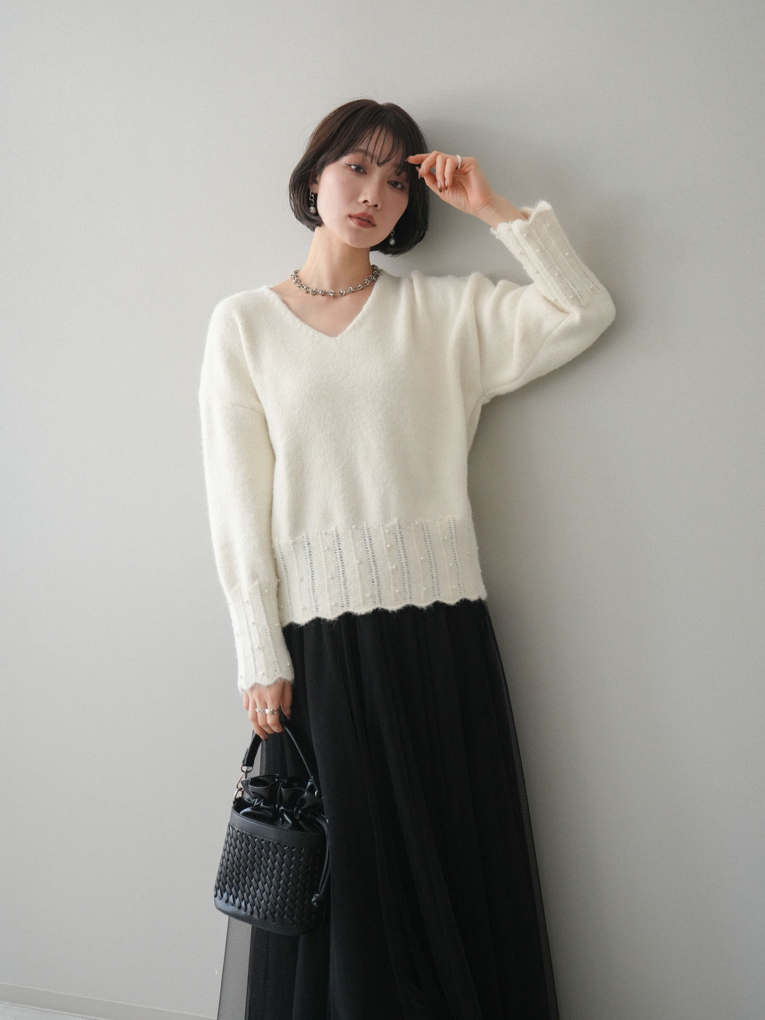 [SET]パールフリルリブヘムニットプルオーバー+チュールボリュームスカート(2set)