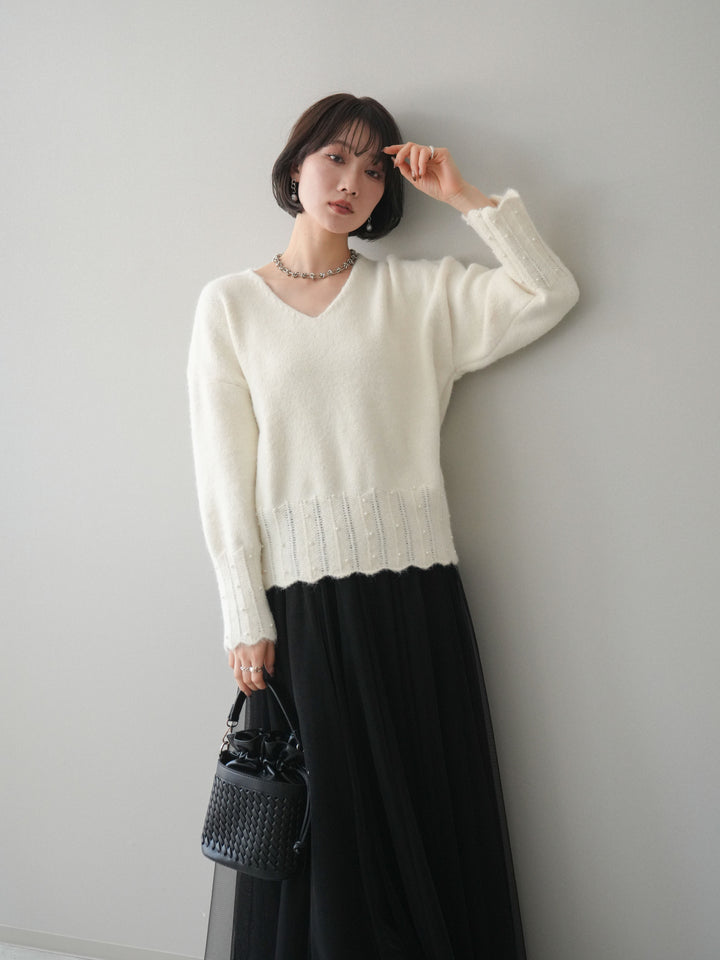 [SET]パールフリルリブヘムニットプルオーバー+チュールボリュームスカート(2set)