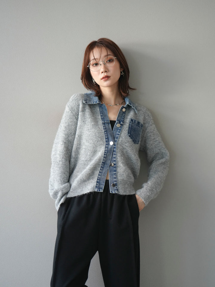 [予約]デニム襟ポケットニットカーディガン/gray