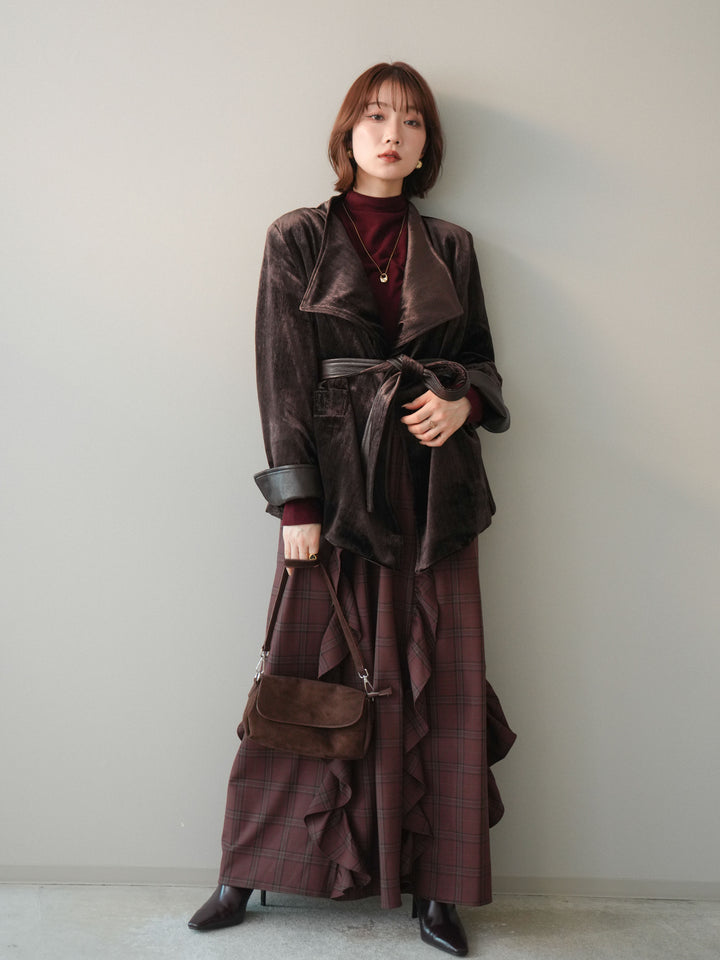 [SET]ベロアガウンジャケット+プチネックパワーショルダー起毛トップス+チェック柄フリルハイウエストマキシスカート(3set)