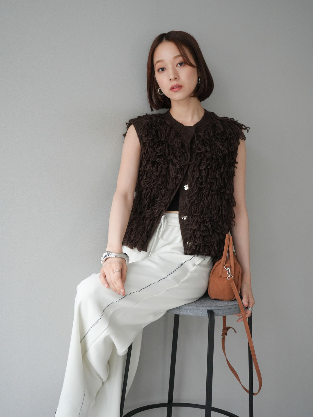 [予約]前開きループニットベスト/ブラウン