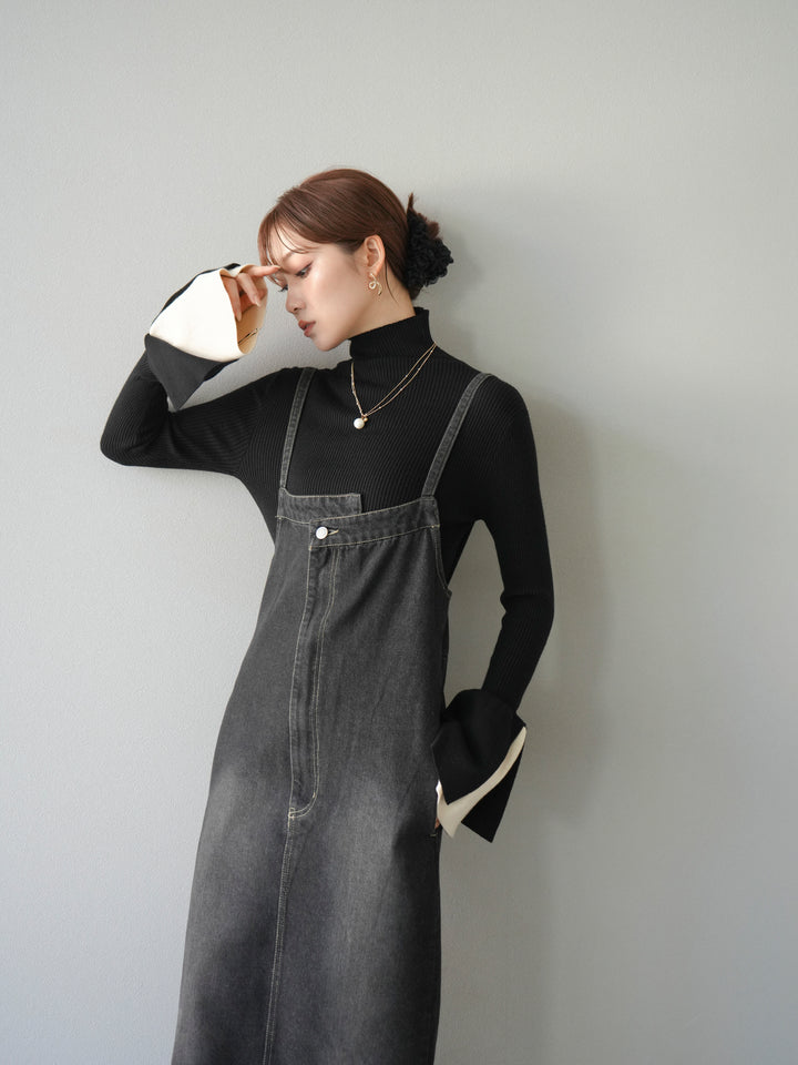 [予約]レイヤードフレアスリーブハイネックニットトップス/ブラック