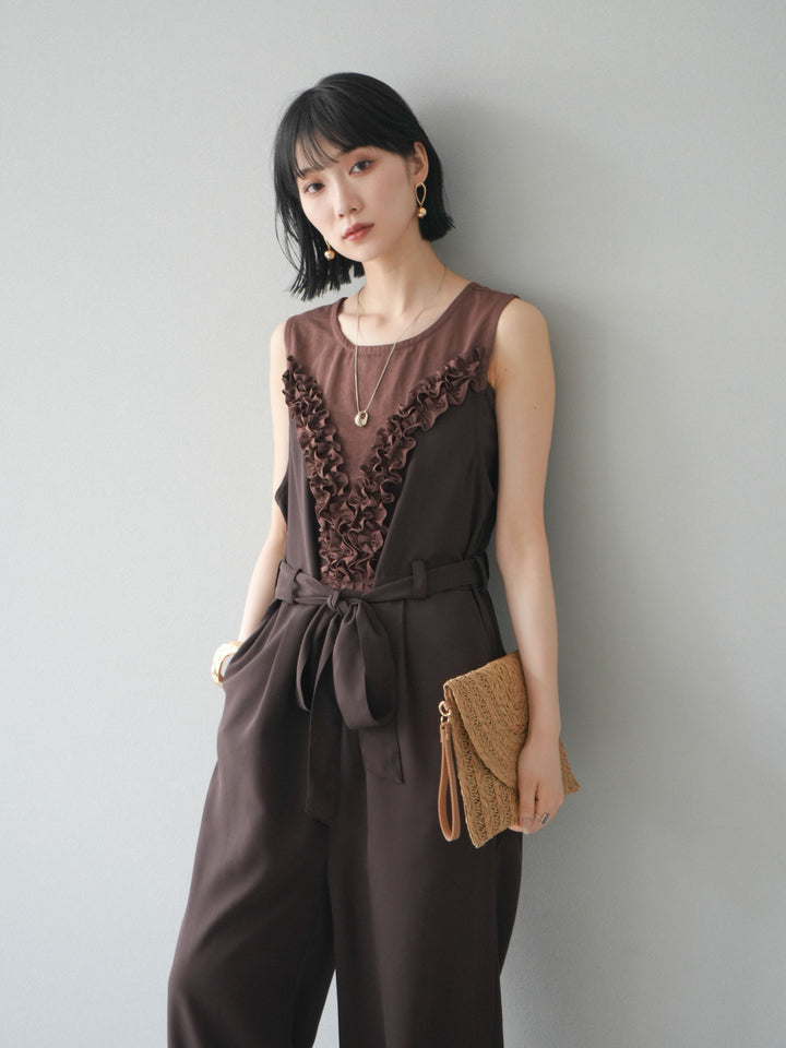 [預購] 荷葉邊設計連身褲/棕色