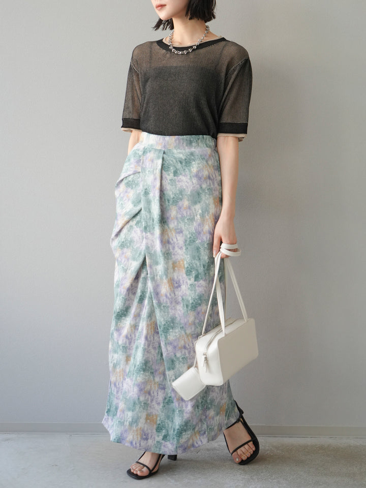 [SET]リネンタッチ配色二重臼ハーフニットトップス+選べるアソート柄スカートセット(2set)