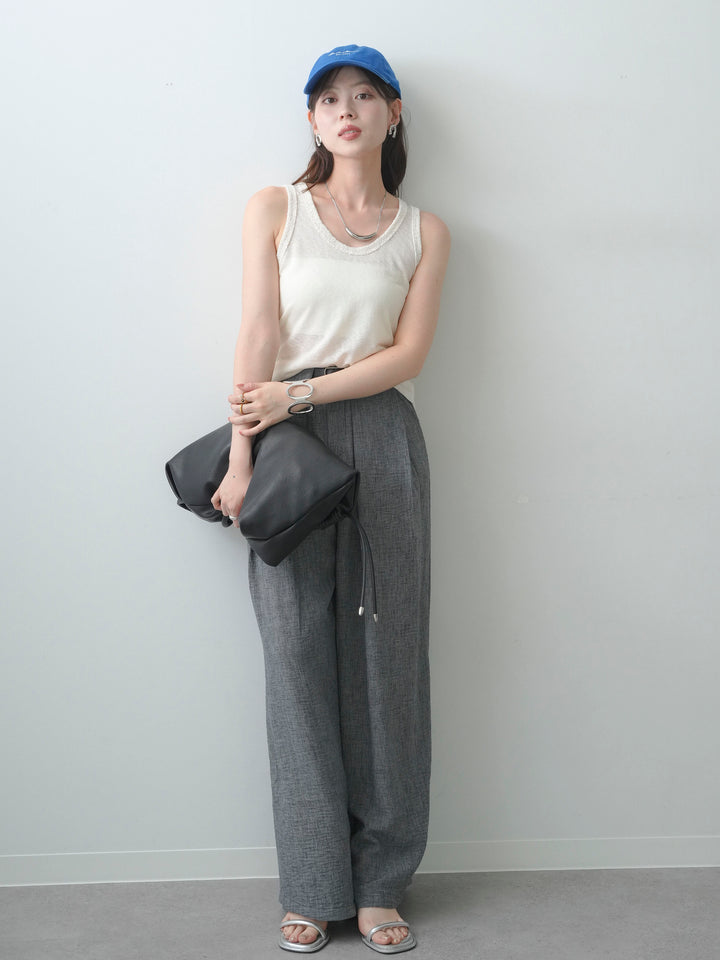 [SET]バックレースタンクトップ+リネンライクベルトループワイドパンツ(2set)
