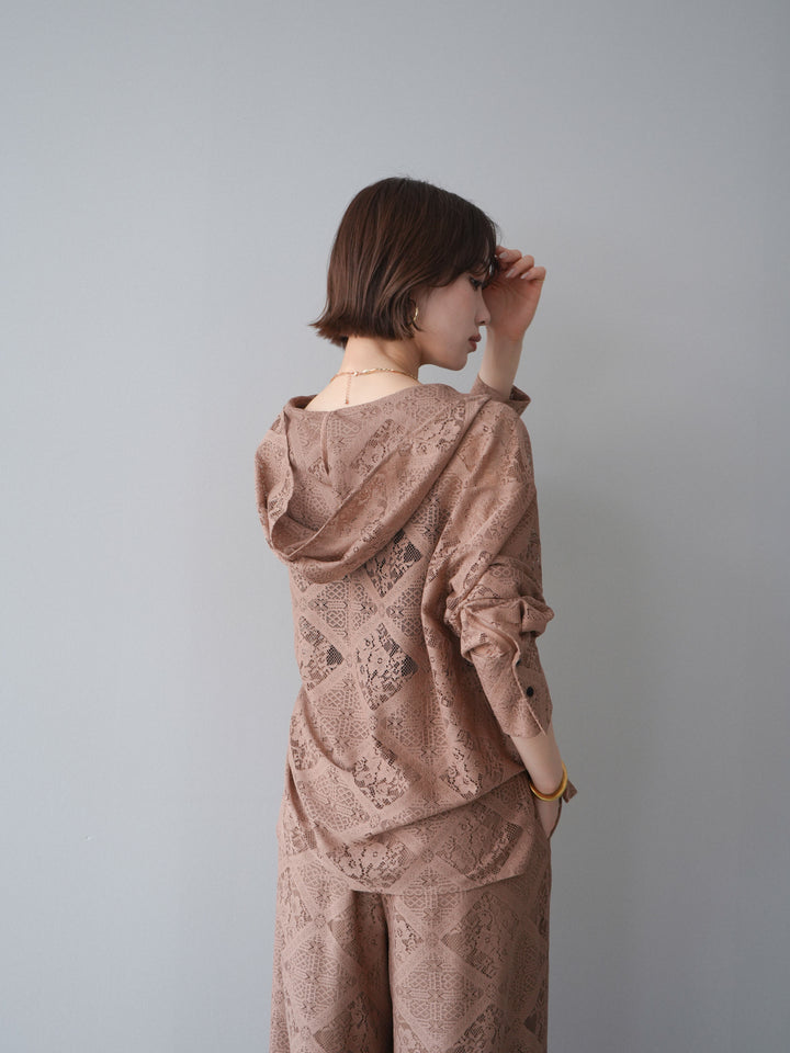 【預購】薄紗蕾絲連帽衫 / 米色