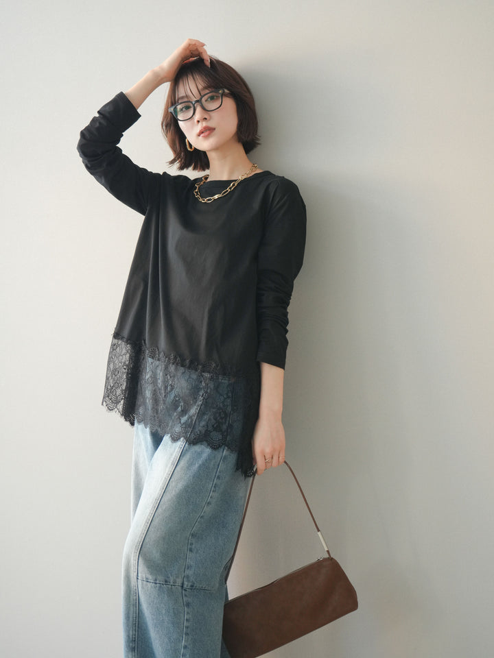 [SET]裾レースロングスリーブTシャツ+選べるアクセセット(2set)
